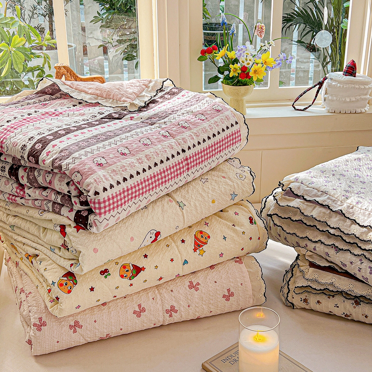 91家纺网 家纺一手货源 找家纺 梵希雅 2026新款泡芙纱纯棉蕾丝花边夏被四件套 组合图