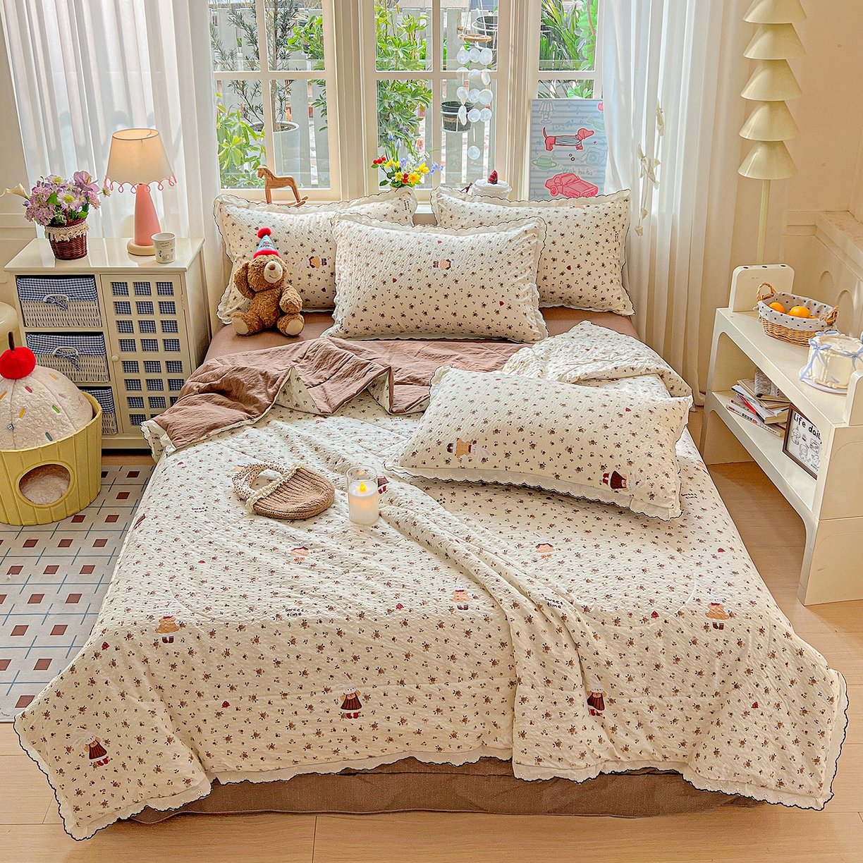 91家纺网 家纺一手货源 找家纺 梵希雅 2026新款泡芙纱纯棉蕾丝花边夏被四件套 田园免