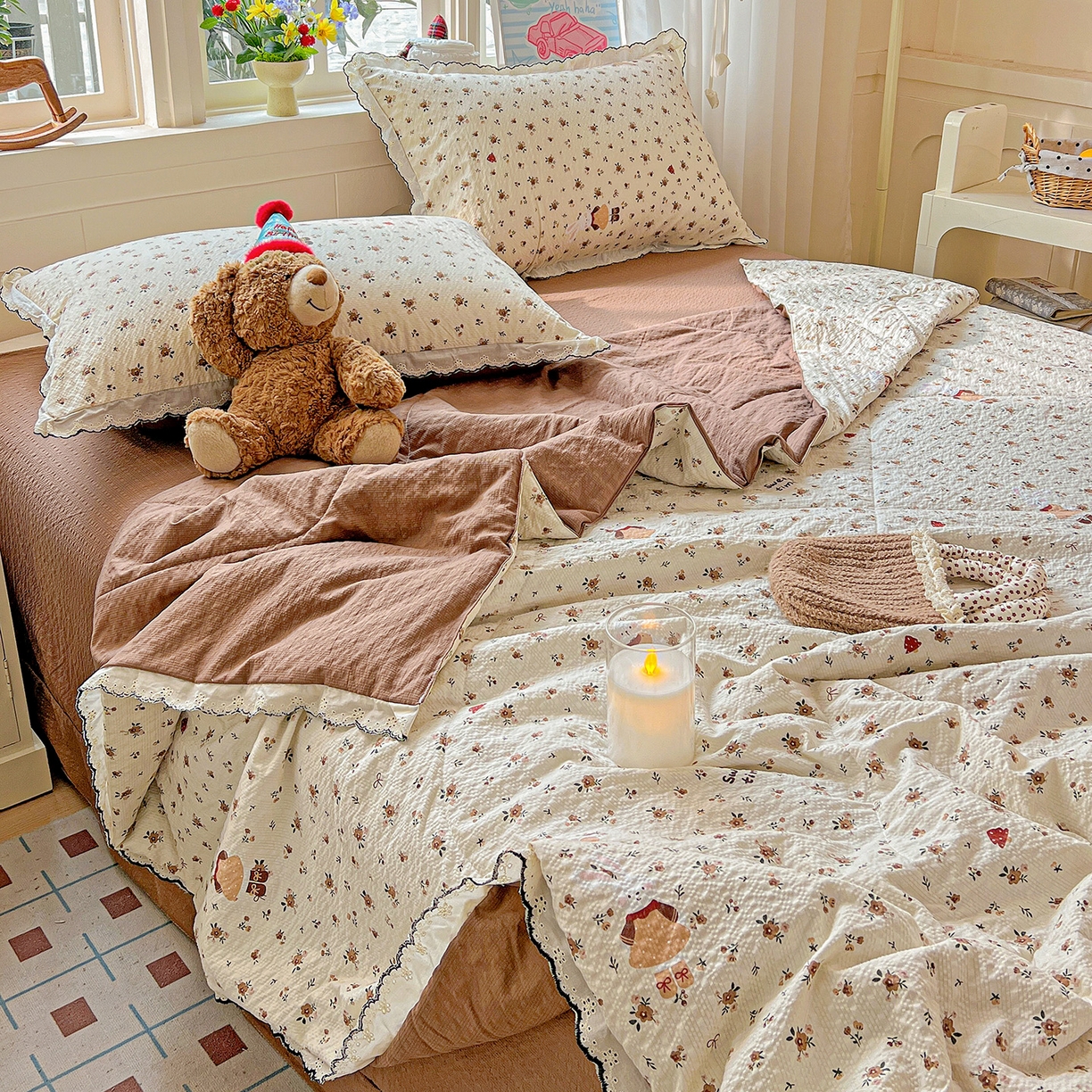 91家纺网 家纺一手货源 找家纺 梵希雅 2026新款泡芙纱纯棉蕾丝花边夏被四件套 田园免