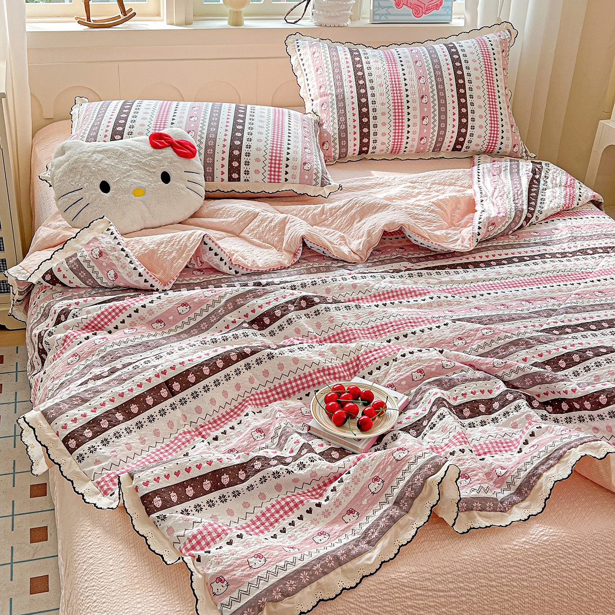 梵希雅 2026新款泡芙纱纯棉蕾丝花边夏被四件套 猫咪集