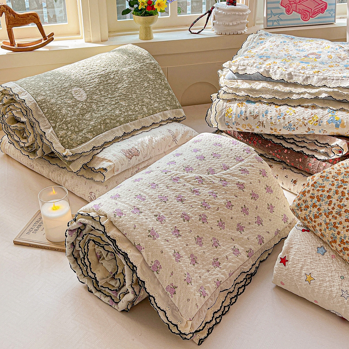 91家纺网 家纺一手货源 找家纺 梵希雅 2026新款泡芙纱纯棉蕾丝花边夏被四件套 组合图