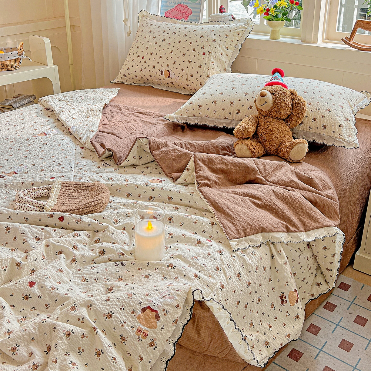 91家纺网 家纺一手货源 找家纺 梵希雅 2026新款泡芙纱纯棉蕾丝花边夏被四件套 田园免