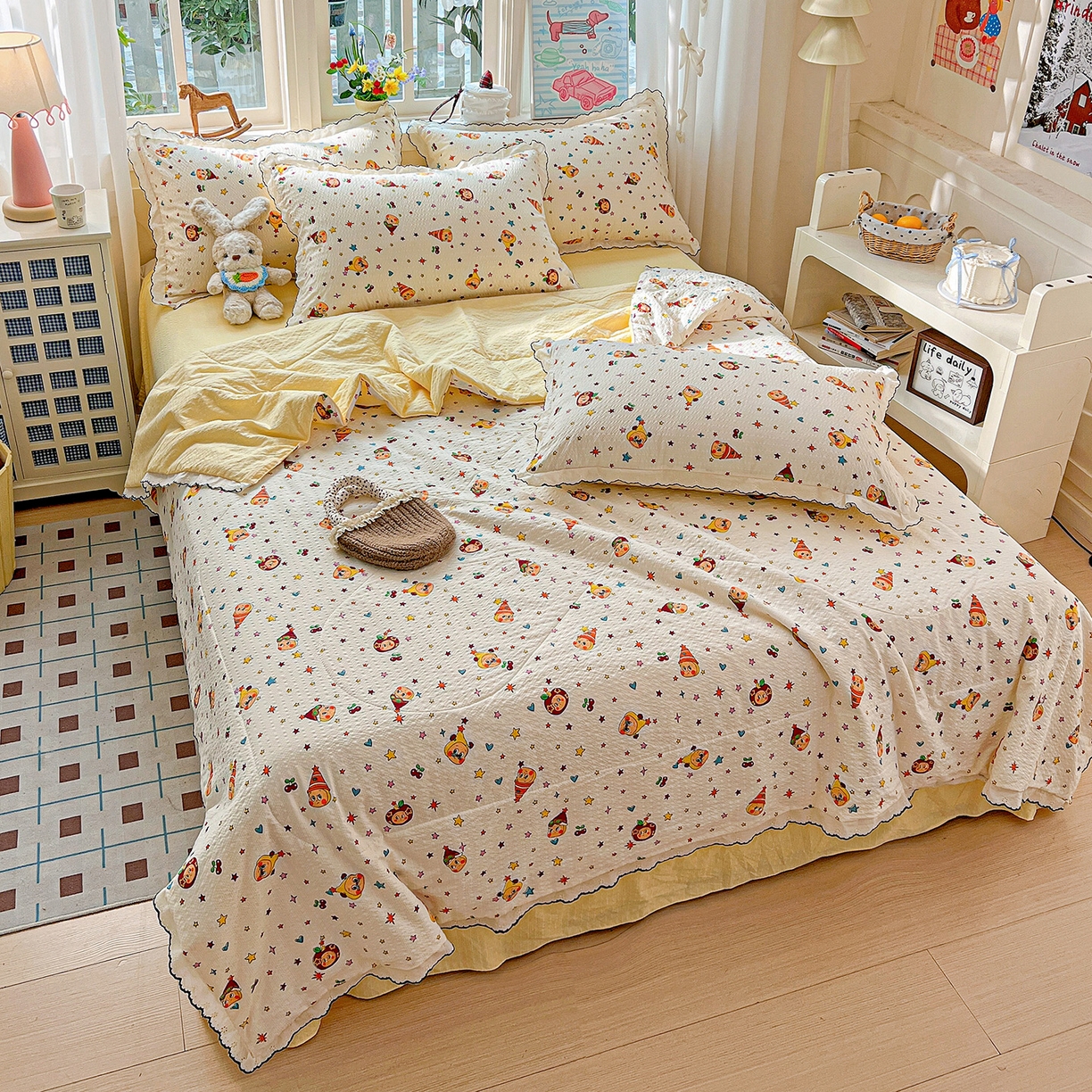 91家纺网 家纺一手货源 找家纺 梵希雅 2026新款泡芙纱纯棉蕾丝花边夏被四件套 星星人