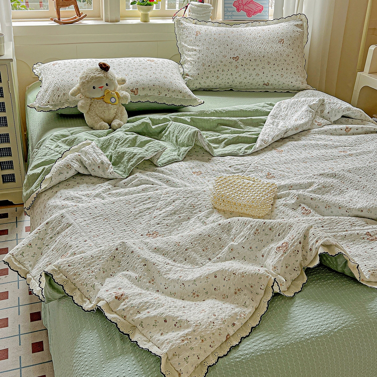 梵希雅 2026新款泡芙纱纯棉蕾丝花边夏被四件套 木马小花团