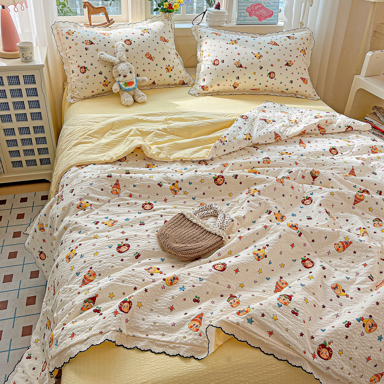 91家纺网 家纺一手货源 找家纺 梵希雅 2026新款泡芙纱纯棉蕾丝花边夏被四件套 星星人