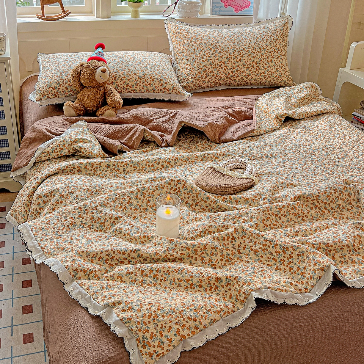 梵希雅 2026新款泡芙纱纯棉蕾丝花边夏被四件套 暖橘枝