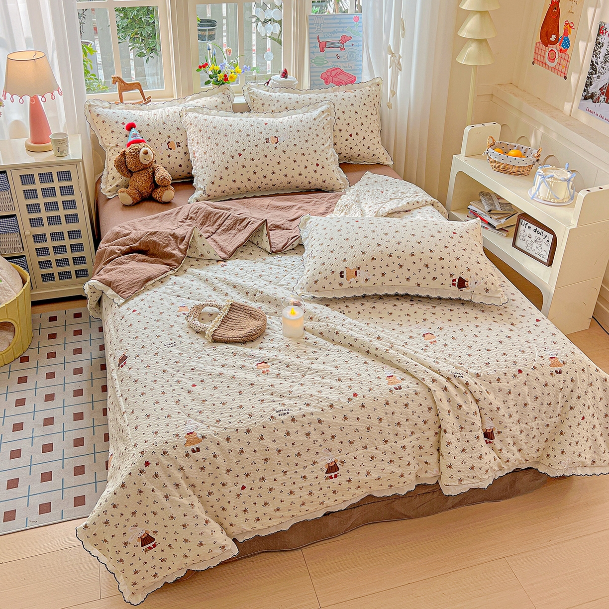 91家纺网 家纺一手货源 找家纺 梵希雅 2026新款泡芙纱纯棉蕾丝花边夏被四件套 田园免