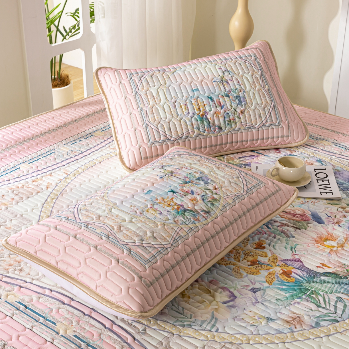 91家纺网 家纺一手货源 找家纺 美丽折2026新品6mm厚天然乳胶凉席三件套 大版印花卡通乳胶凉席平铺款 流光溢彩粉