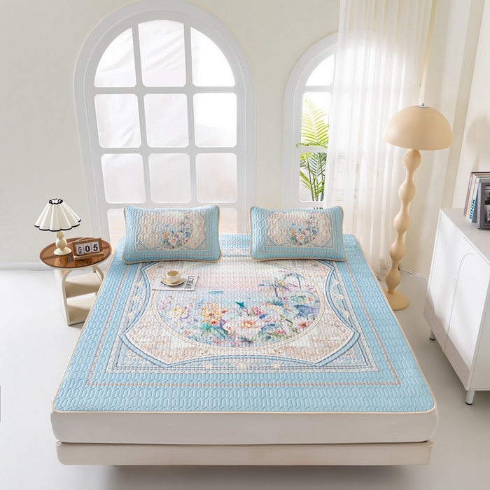 91家纺网 家纺一手货源 找家纺 美丽折2026新品6mm厚天然乳胶凉席三件套 大版印花卡通乳胶凉席平铺款 流光溢彩蓝