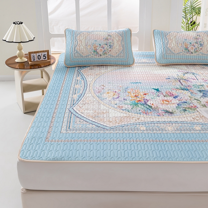 91家纺网 家纺一手货源 找家纺 美丽折2026新品6mm厚天然乳胶凉席三件套 大版印花卡通乳胶凉席平铺款 流光溢彩蓝