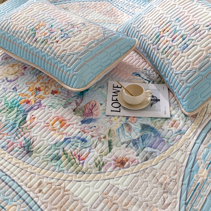 91家纺网 家纺一手货源 找家纺 美丽折2026新品6mm厚天然乳胶凉席三件套 大版印花卡通乳胶凉席平铺款 流光溢彩蓝