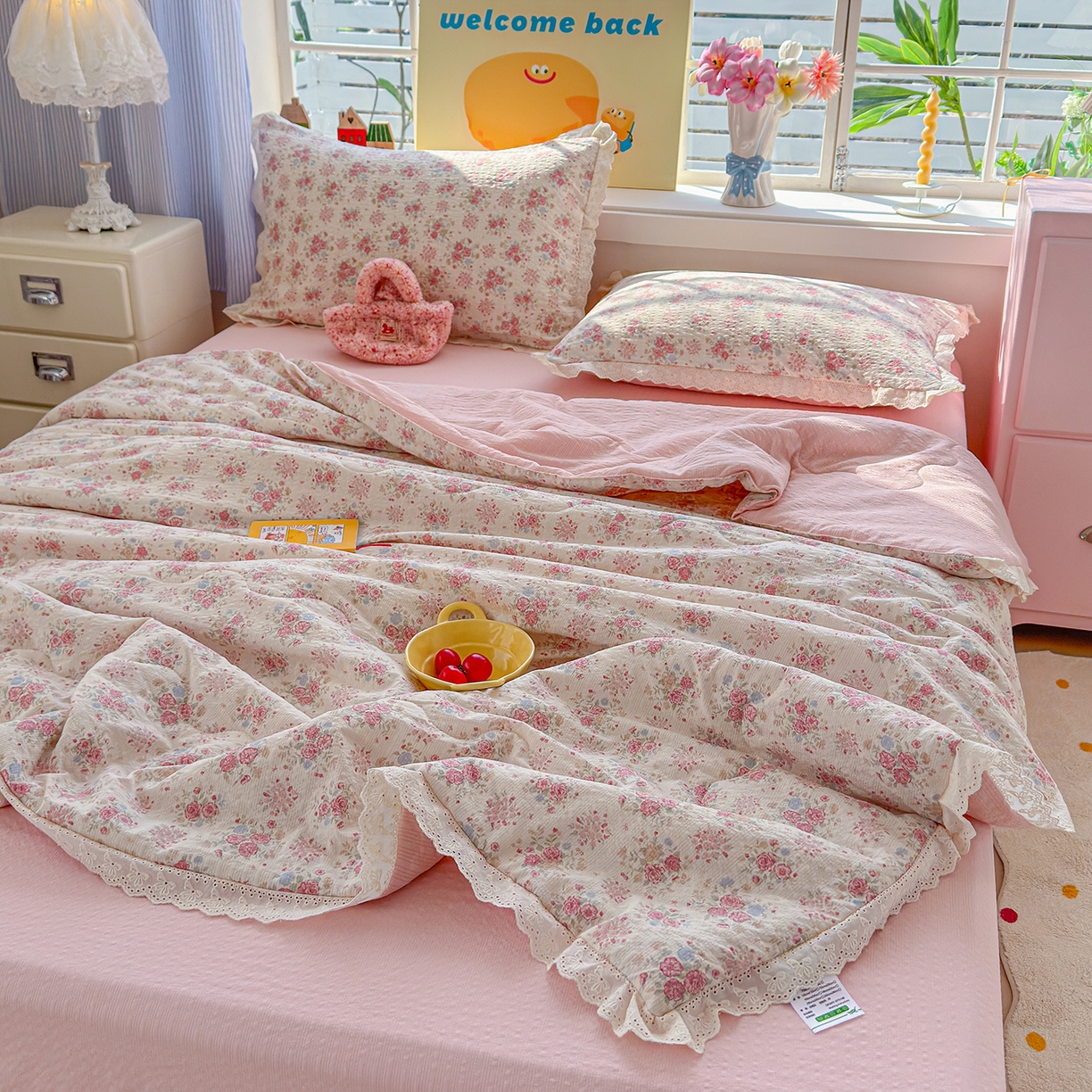 91家纺网 家纺一手货源 找家纺 弗苓家纺 2026新款高克重泡芙棉花边款夏被夏凉被空调被四件套小红书推荐-风格二 日光漫游