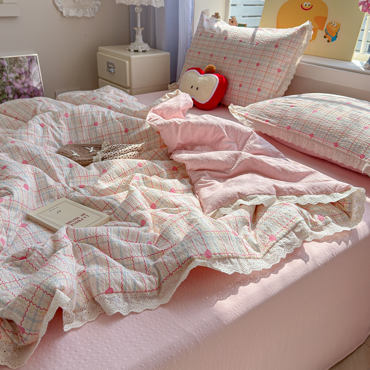 91家纺网 家纺一手货源 找家纺 弗苓家纺 2026新款高克重泡芙棉花边款夏被夏凉被空调被四件套小红书推荐-风格二 格格星