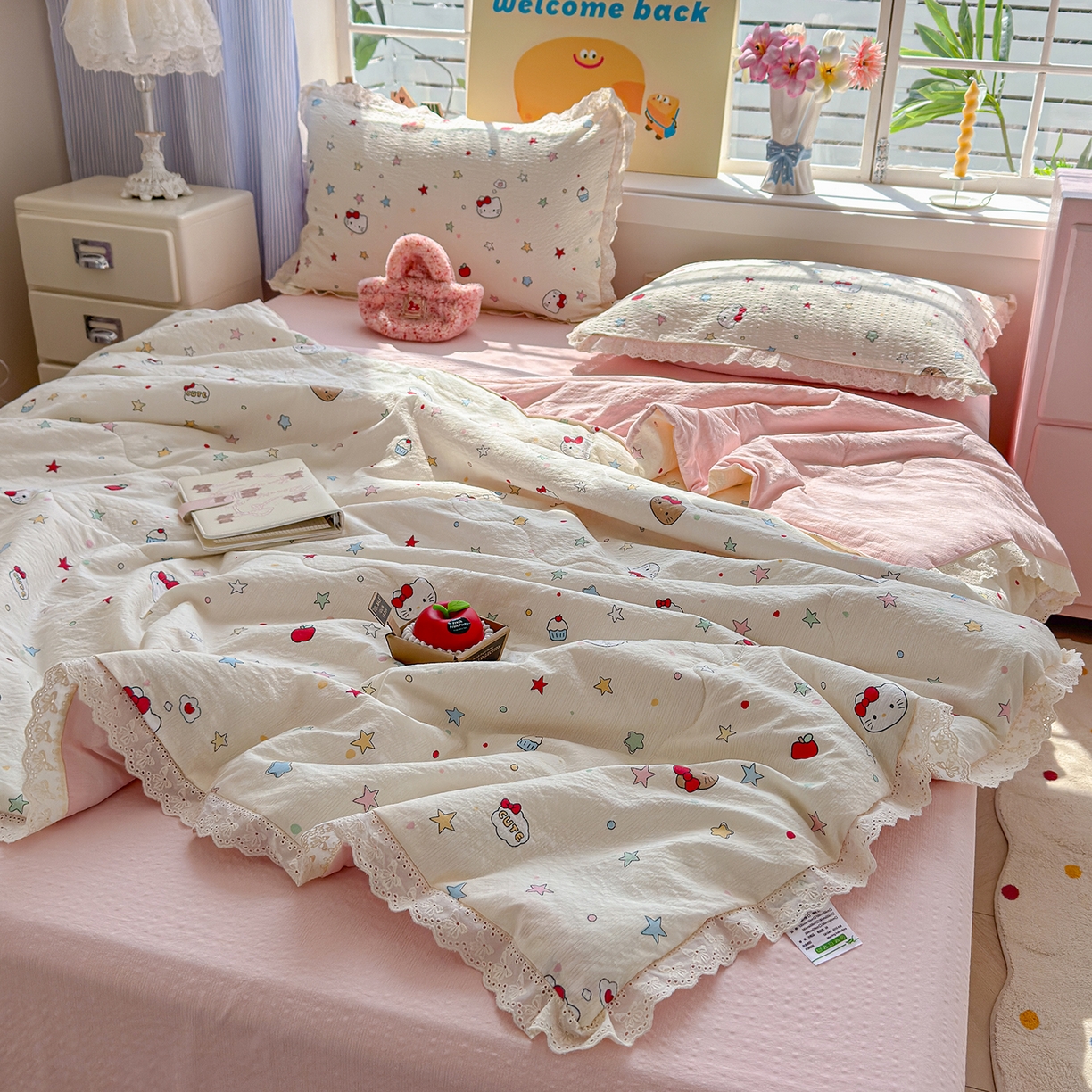 91家纺网 家纺一手货源 找家纺 弗苓家纺 2026新款高克重泡芙棉花边款夏被夏凉被空调被四件套小红书推荐-风格二 星芒凯蒂