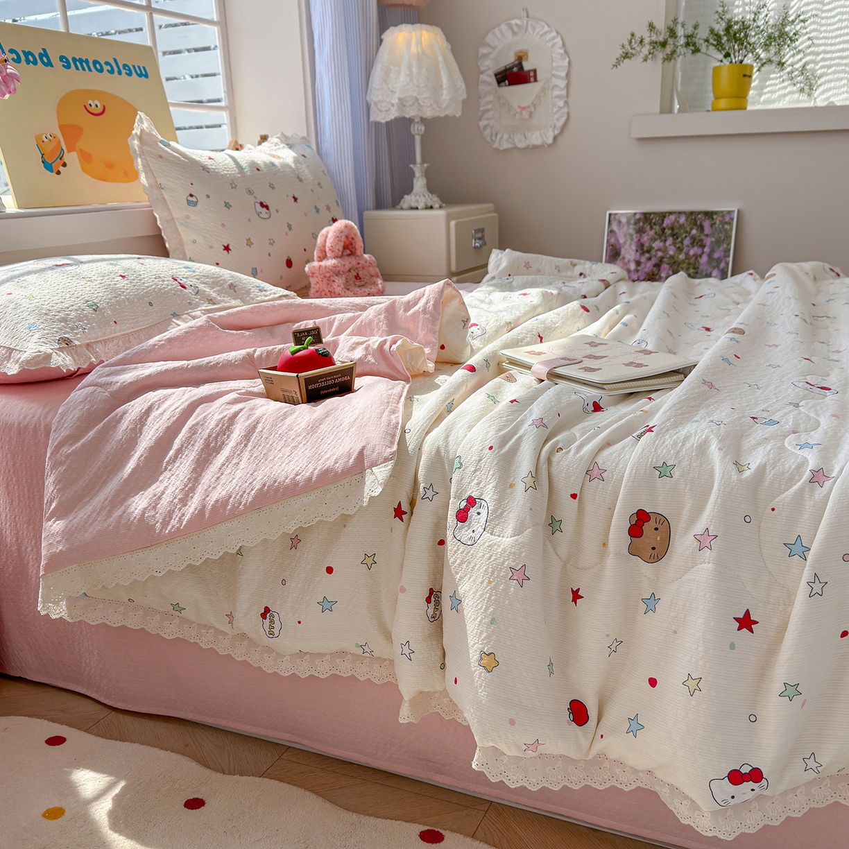 91家纺网 家纺一手货源 找家纺 弗苓家纺 2026新款高克重泡芙棉花边款夏被夏凉被空调被四件套小红书推荐-风格二 星芒凯蒂