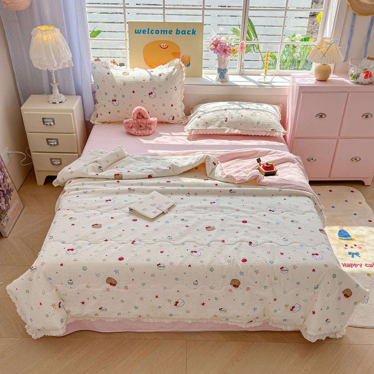 91家纺网 家纺一手货源 找家纺 弗苓家纺 2026新款高克重泡芙棉花边款夏被夏凉被空调被四件套小红书推荐-风格二 星芒凯蒂