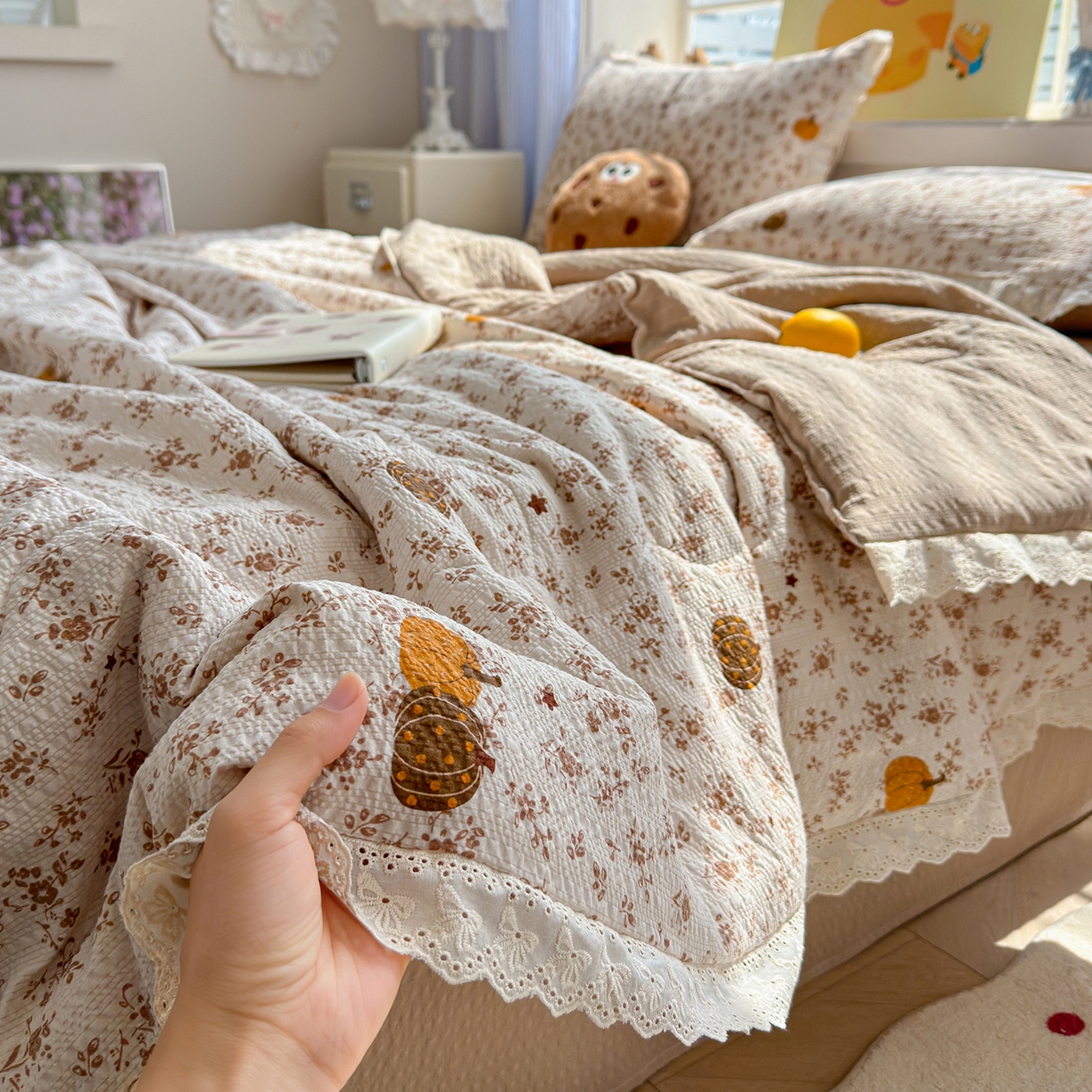 弗苓家纺 2026新款高克重泡芙棉花边款夏被夏凉被空调被四件套小红书推荐-风格二 秋末南瓜星