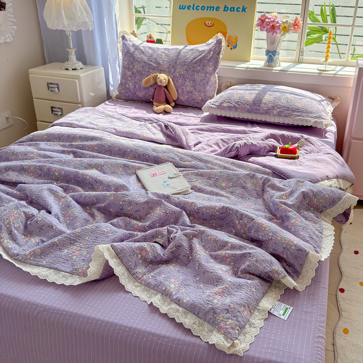 91家纺网 家纺一手货源 找家纺 弗苓家纺 2026新款高克重泡芙棉花边款夏被夏凉被空调被四件套小红书推荐-风格二 松间茶事