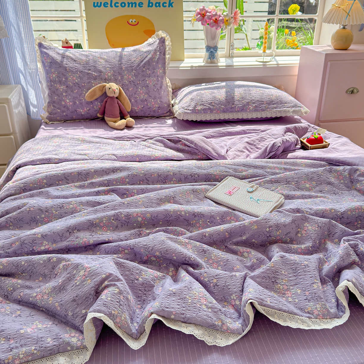 91家纺网 家纺一手货源 找家纺 弗苓家纺 2026新款高克重泡芙棉花边款夏被夏凉被空调被四件套小红书推荐-风格二 松间茶事