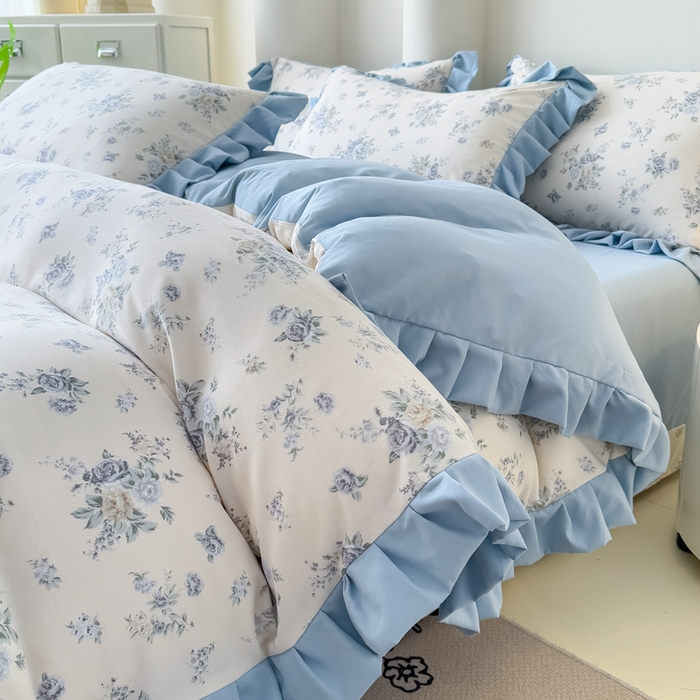 91家纺网 家纺一手货源 找家纺 （总）晚爱家纺（原晚安家居） 2026韩版花边四件套 有氧针织双层纱天竺棉超柔小清新四件套