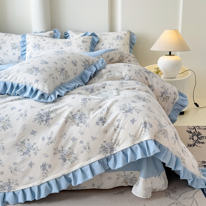 91家纺网 家纺一手货源 找家纺 （总）晚爱家纺（原晚安家居） 2026韩版花边四件套 有氧针织双层纱天竺棉超柔小清新四件套