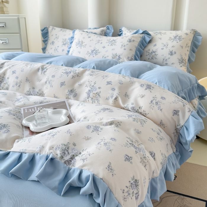 91家纺网 家纺一手货源 找家纺 晚爱家纺（原晚安家居） 2026韩版花边四件套 有氧针织双层纱天竺棉超柔小清新四件套 半亩花田