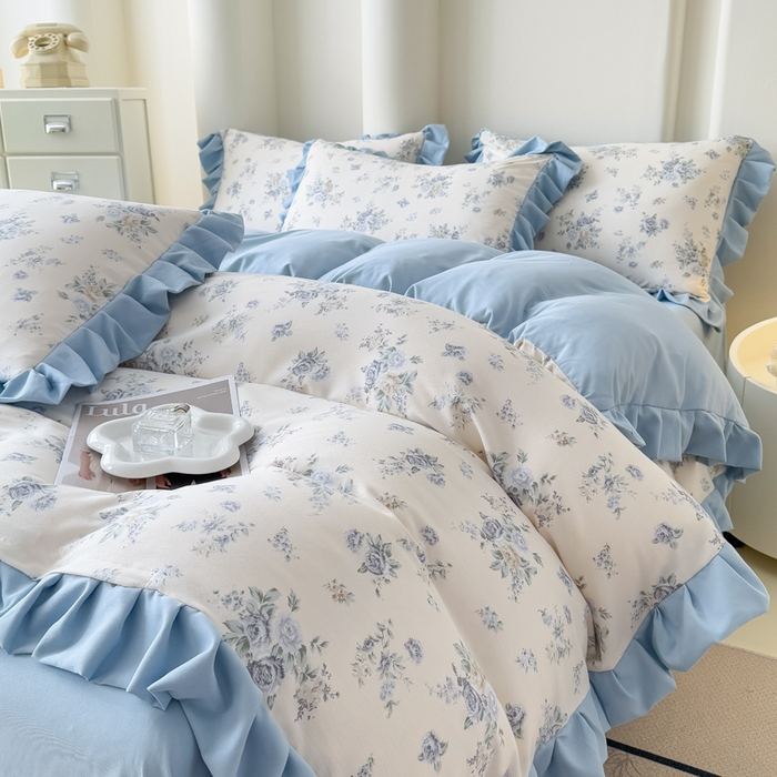 91家纺网 家纺一手货源 找家纺 晚爱家纺（原晚安家居） 2026韩版花边四件套 有氧针织双层纱天竺棉超柔小清新四件套 半亩花田