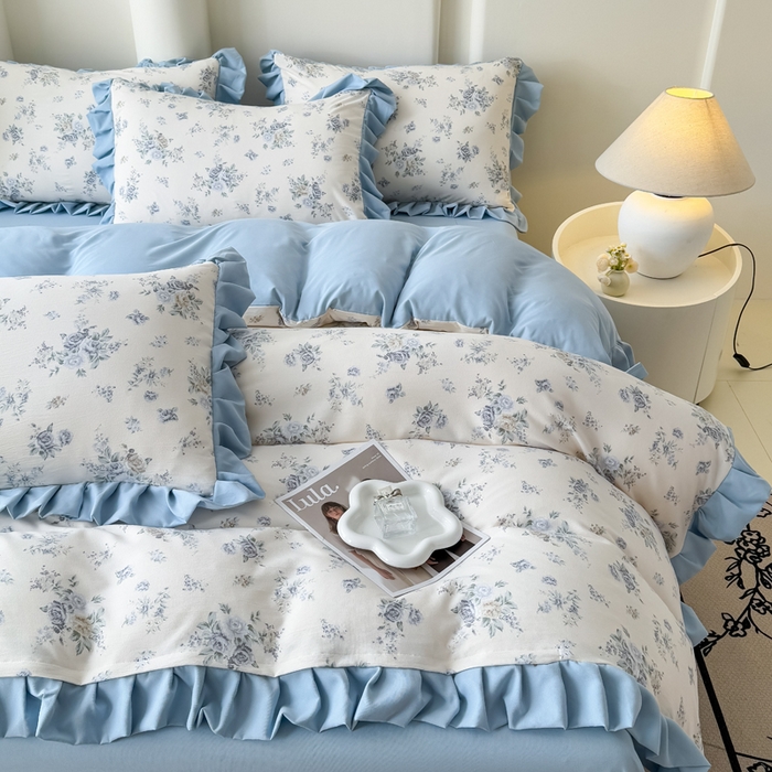 91家纺网 家纺一手货源 找家纺 晚爱家纺（原晚安家居） 2026韩版花边四件套 有氧针织双层纱天竺棉超柔小清新四件套 半亩花田