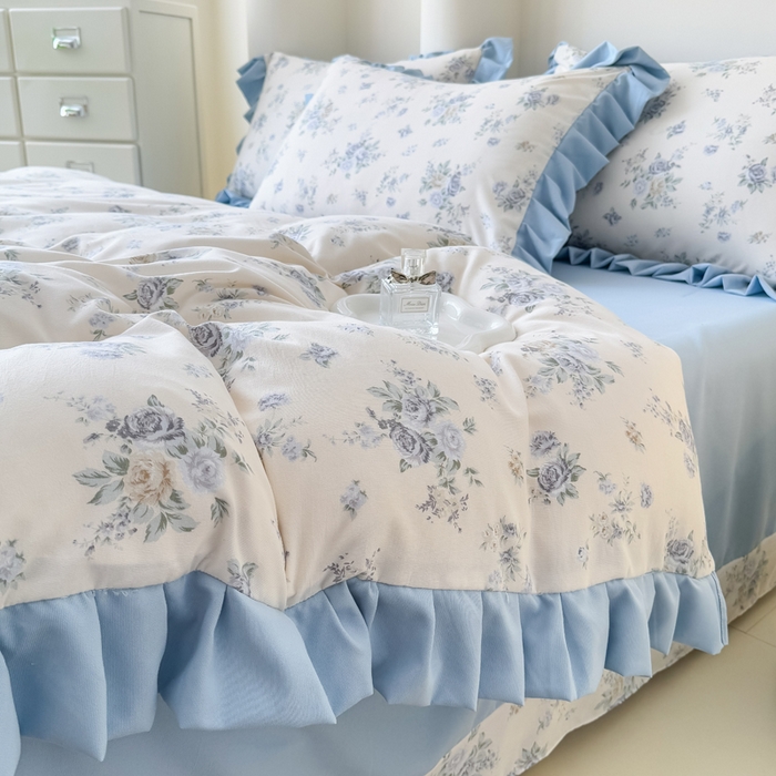 91家纺网 家纺一手货源 找家纺 晚爱家纺（原晚安家居） 2026韩版花边四件套 有氧针织双层纱天竺棉超柔小清新四件套 半亩花田