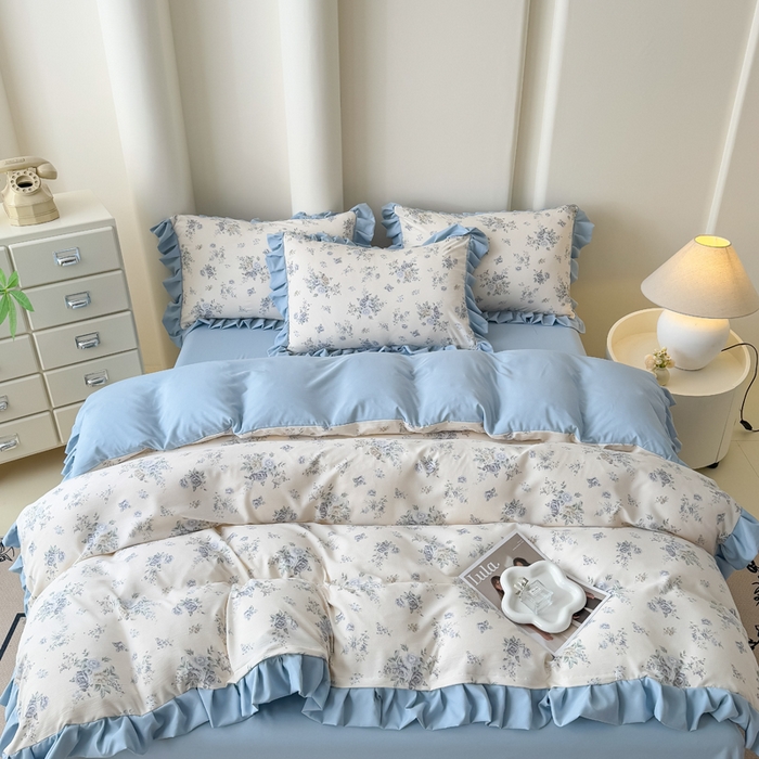 91家纺网 家纺一手货源 找家纺 晚爱家纺（原晚安家居） 2026韩版花边四件套 有氧针织双层纱天竺棉超柔小清新四件套 半亩花田