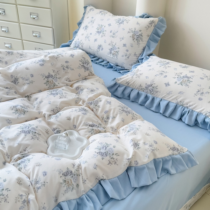 91家纺网 家纺一手货源 找家纺 晚爱家纺（原晚安家居） 2026韩版花边四件套 有氧针织双层纱天竺棉超柔小清新四件套 半亩花田