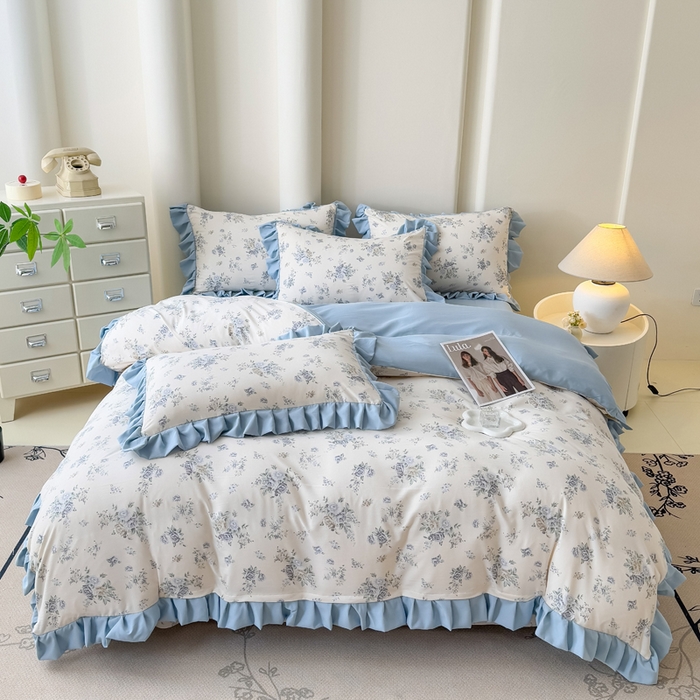 91家纺网 家纺一手货源 找家纺 晚爱家纺（原晚安家居） 2026韩版花边四件套 有氧针织双层纱天竺棉超柔小清新四件套 半亩花田