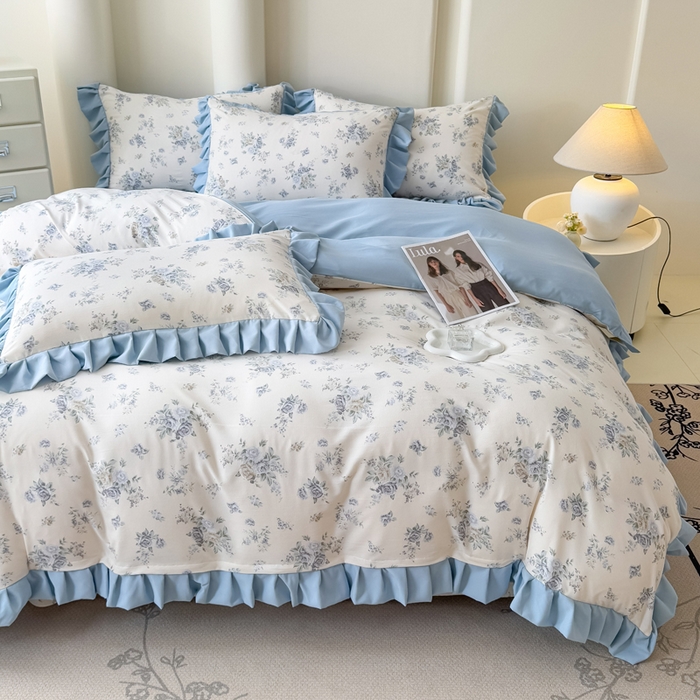 91家纺网 家纺一手货源 找家纺 晚爱家纺（原晚安家居） 2026韩版花边四件套 有氧针织双层纱天竺棉超柔小清新四件套 半亩花田