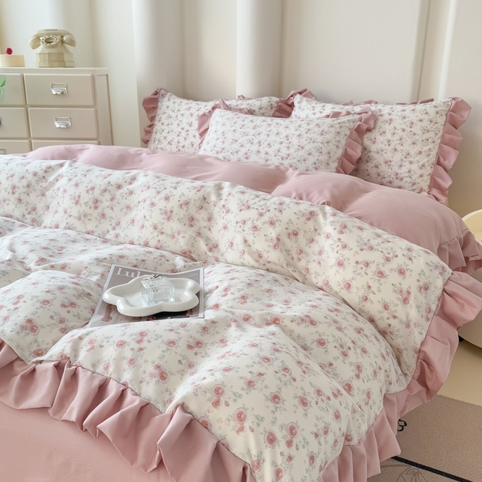 91家纺网 家纺一手货源 找家纺 晚爱家纺（原晚安家居） 2026韩版花边四件套 有氧针织双层纱天竺棉超柔小清新四件套 爱意