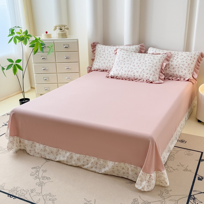 91家纺网 家纺一手货源 找家纺 晚爱家纺（原晚安家居） 2026韩版花边四件套 有氧针织双层纱天竺棉超柔小清新四件套 爱意