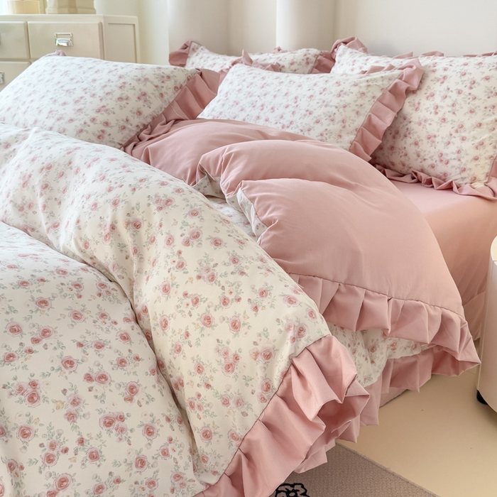 91家纺网 家纺一手货源 找家纺 晚爱家纺（原晚安家居） 2026韩版花边四件套 有氧针织双层纱天竺棉超柔小清新四件套 爱意