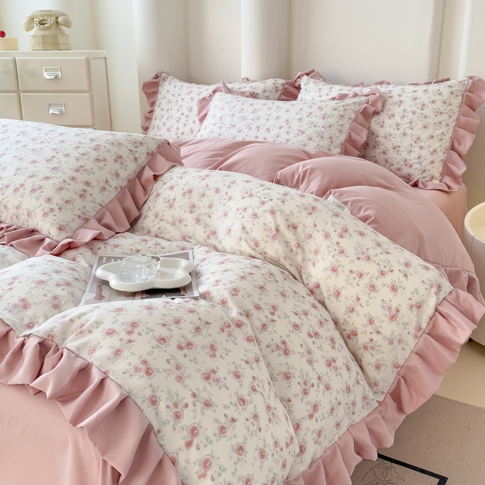 91家纺网 家纺一手货源 找家纺 晚爱家纺（原晚安家居） 2026韩版花边四件套 有氧针织双层纱天竺棉超柔小清新四件套 爱意