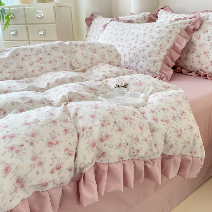 91家纺网 家纺一手货源 找家纺 晚爱家纺（原晚安家居） 2026韩版花边四件套 有氧针织双层纱天竺棉超柔小清新四件套 爱意