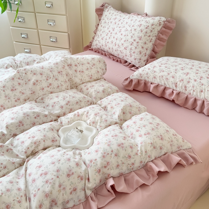 91家纺网 家纺一手货源 找家纺 晚爱家纺（原晚安家居） 2026韩版花边四件套 有氧针织双层纱天竺棉超柔小清新四件套 爱意