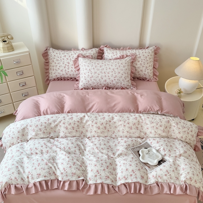 91家纺网 家纺一手货源 找家纺 晚爱家纺（原晚安家居） 2026韩版花边四件套 有氧针织双层纱天竺棉超柔小清新四件套 爱意