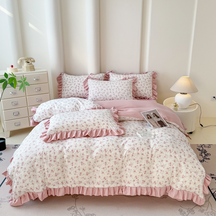 91家纺网 家纺一手货源 找家纺 晚爱家纺（原晚安家居） 2026韩版花边四件套 有氧针织双层纱天竺棉超柔小清新四件套 爱意