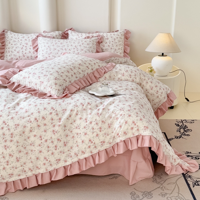 91家纺网 家纺一手货源 找家纺 晚爱家纺（原晚安家居） 2026韩版花边四件套 有氧针织双层纱天竺棉超柔小清新四件套 爱意