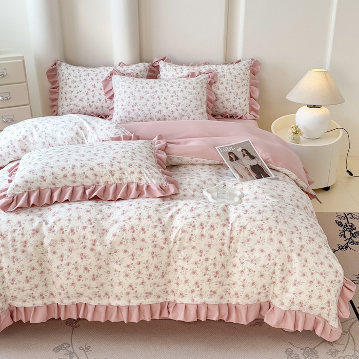 91家纺网 家纺一手货源 找家纺 晚爱家纺（原晚安家居） 2026韩版花边四件套 有氧针织双层纱天竺棉超柔小清新四件套 爱意