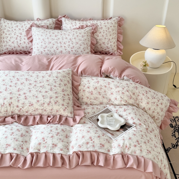 91家纺网 家纺一手货源 找家纺 晚爱家纺（原晚安家居） 2026韩版花边四件套 有氧针织双层纱天竺棉超柔小清新四件套 爱意