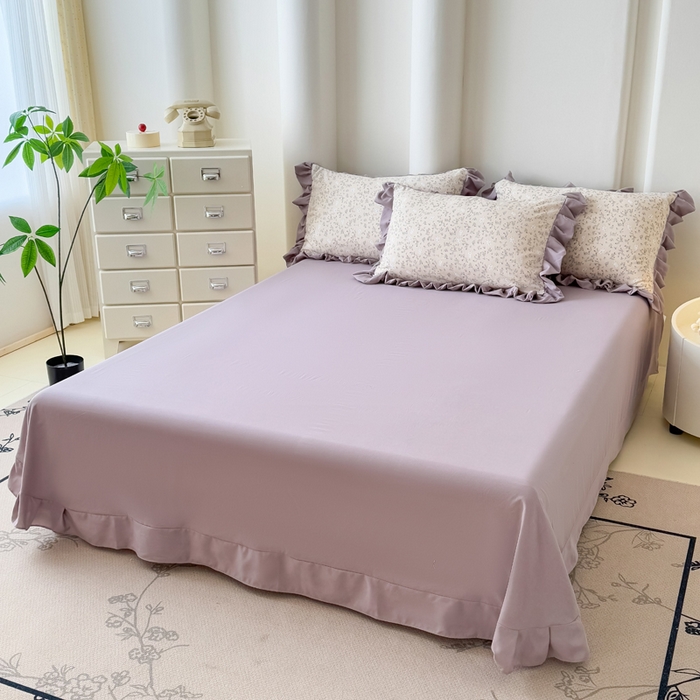 91家纺网 家纺一手货源 找家纺 晚爱家纺（原晚安家居） 2026韩版花边四件套 有氧针织双层纱天竺棉超柔小清新四件套 安琪拉