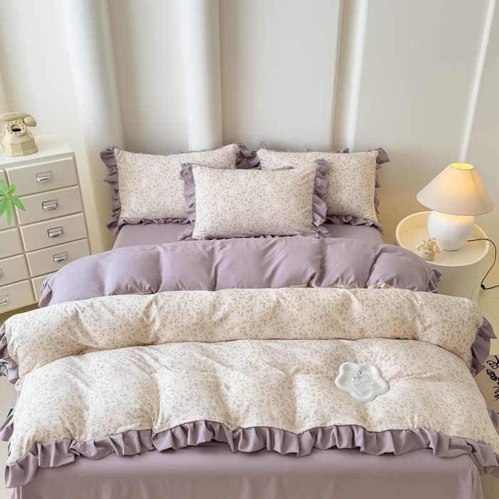 91家纺网 家纺一手货源 找家纺 晚爱家纺（原晚安家居） 2026韩版花边四件套 有氧针织双层纱天竺棉超柔小清新四件套 安琪拉