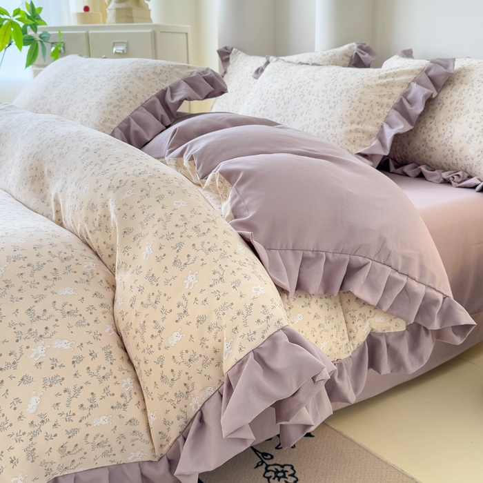 91家纺网 家纺一手货源 找家纺 晚爱家纺（原晚安家居） 2026韩版花边四件套 有氧针织双层纱天竺棉超柔小清新四件套 安琪拉