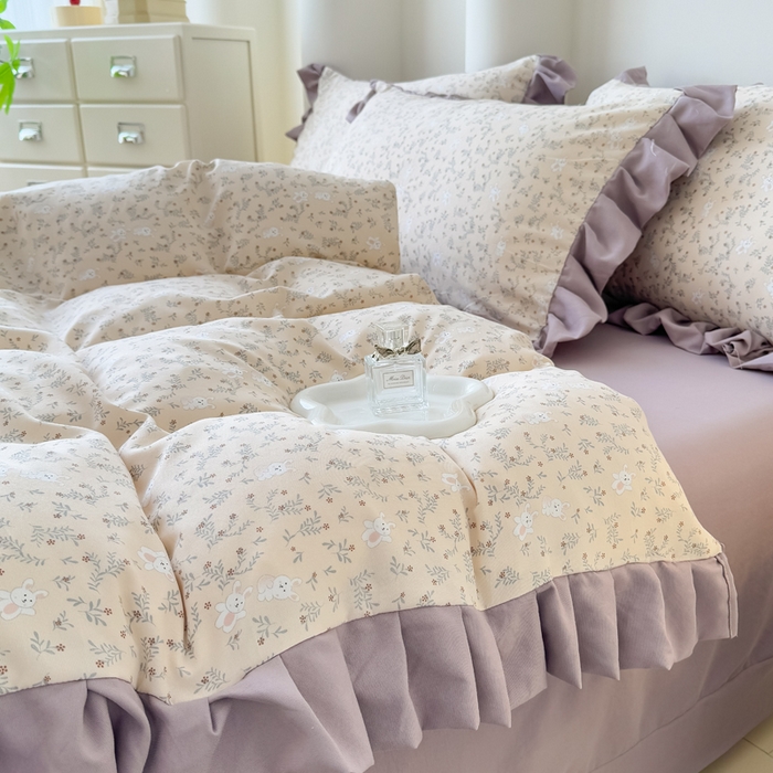 91家纺网 家纺一手货源 找家纺 晚爱家纺（原晚安家居） 2026韩版花边四件套 有氧针织双层纱天竺棉超柔小清新四件套 安琪拉