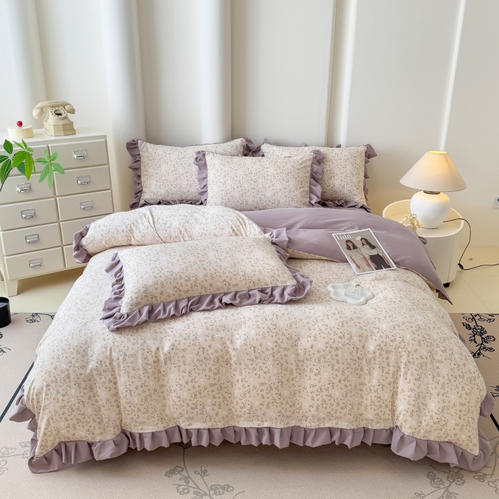 91家纺网 家纺一手货源 找家纺 晚爱家纺（原晚安家居） 2026韩版花边四件套 有氧针织双层纱天竺棉超柔小清新四件套 安琪拉