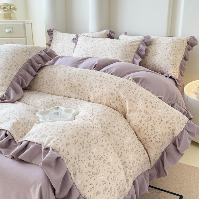 91家纺网 家纺一手货源 找家纺 晚爱家纺（原晚安家居） 2026韩版花边四件套 有氧针织双层纱天竺棉超柔小清新四件套 安琪拉